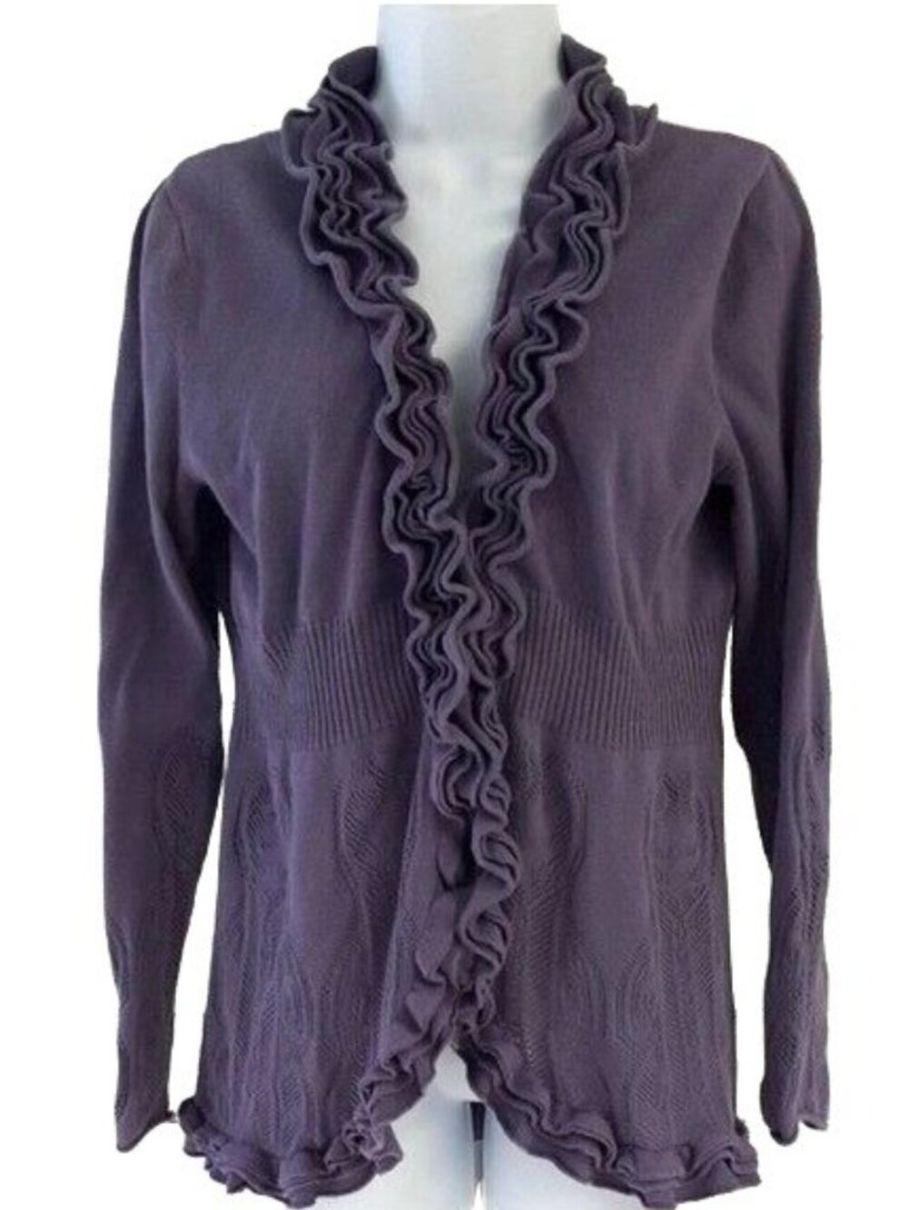 Elle Womens Ruffle Cardigan Sweater Purple Size Small Cutout Ribbed Long Sleeve